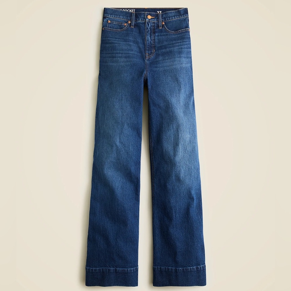 J. Crew Women's High-Rise Denim Wide Leg Trouser Blue Jeans Size 32T - Picture 4 of 11